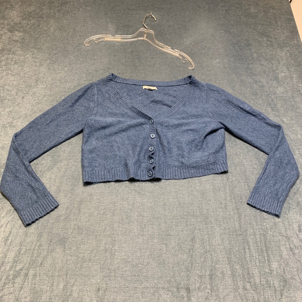 American Eagle Outfitters Cardigan Sweater Womens Medium Blue Cropped Ribbed Hem